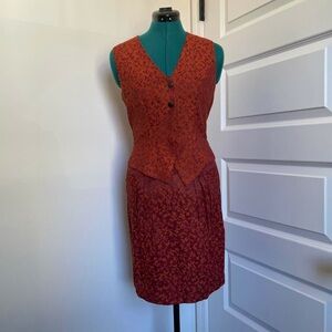 Sue Wong true vintage burgundy and orange floral print vest and skirt set.
